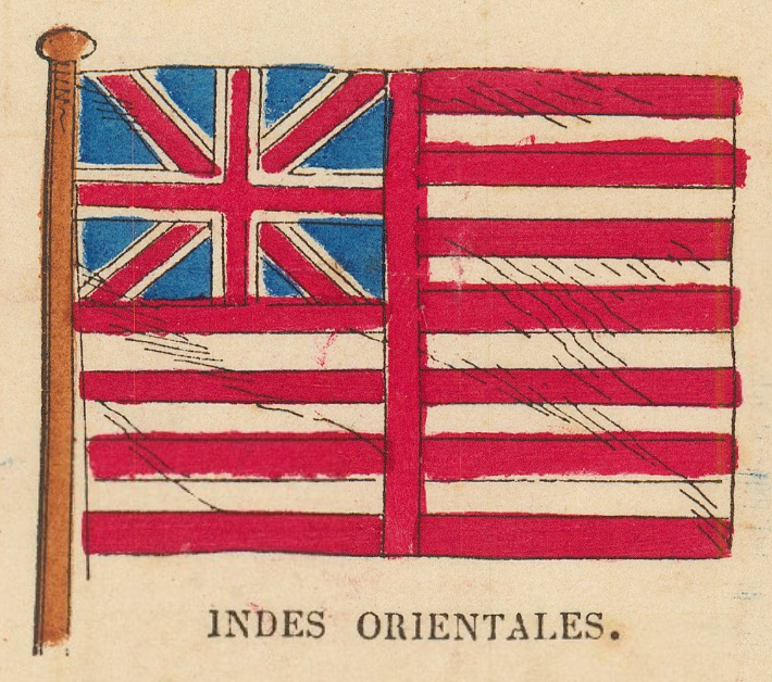 Striped ensign with Union Jack canton, printed under England as the East Indies flag
