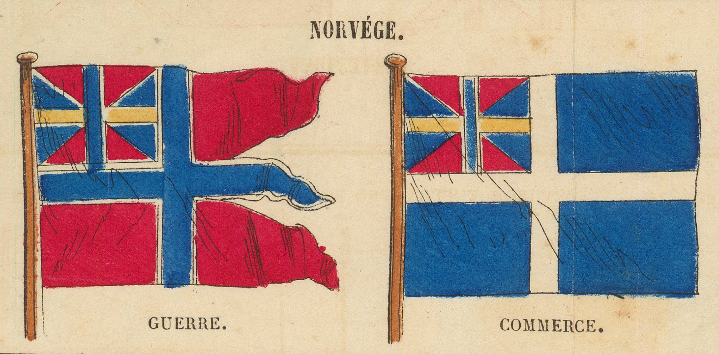 Norwegian war and commerce flags as printed on the plate